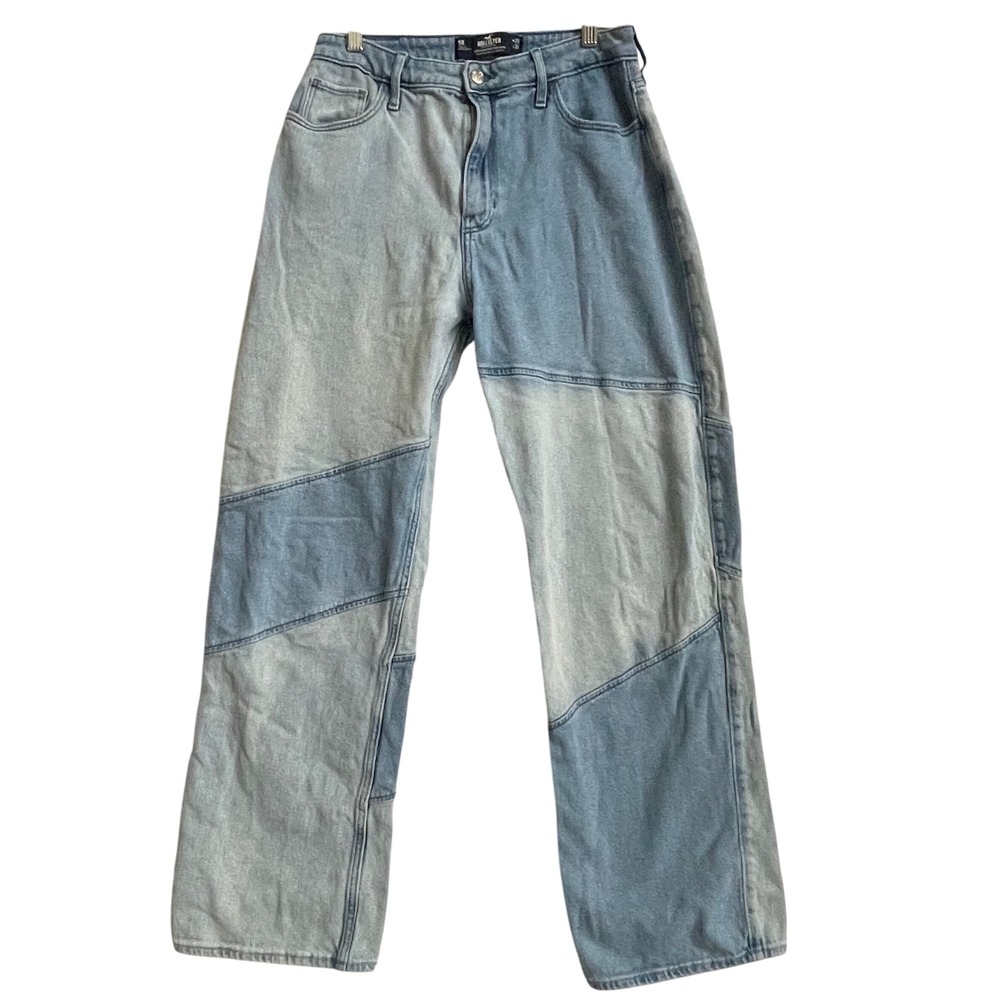 Hollister Patchwork Two-Tone Wide Leg Jeans Blue Gray Y2K Streetwear 27x30